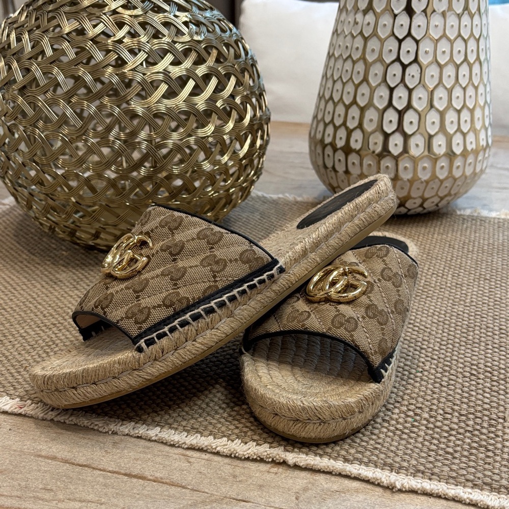 Gucci Tan Monogram Slide Sandals - Picture 5 of 5
